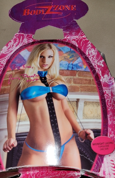 NIP Sexy Skimpy 2pc BodyZone Turquoise Lame & Black Midnight Lacing Lingerie Set - Picture 4 of 8